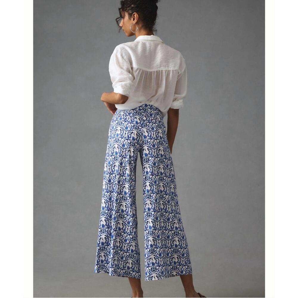 Anthropologie Maeve Linen Bird Printed Palazzo Wide Leg Pants Sz 10 Tall - Picture 2 of 9